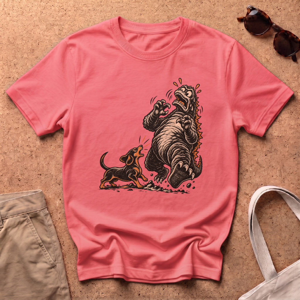 Dachshund Vs Kaiju T-Shirt - Coral Silk