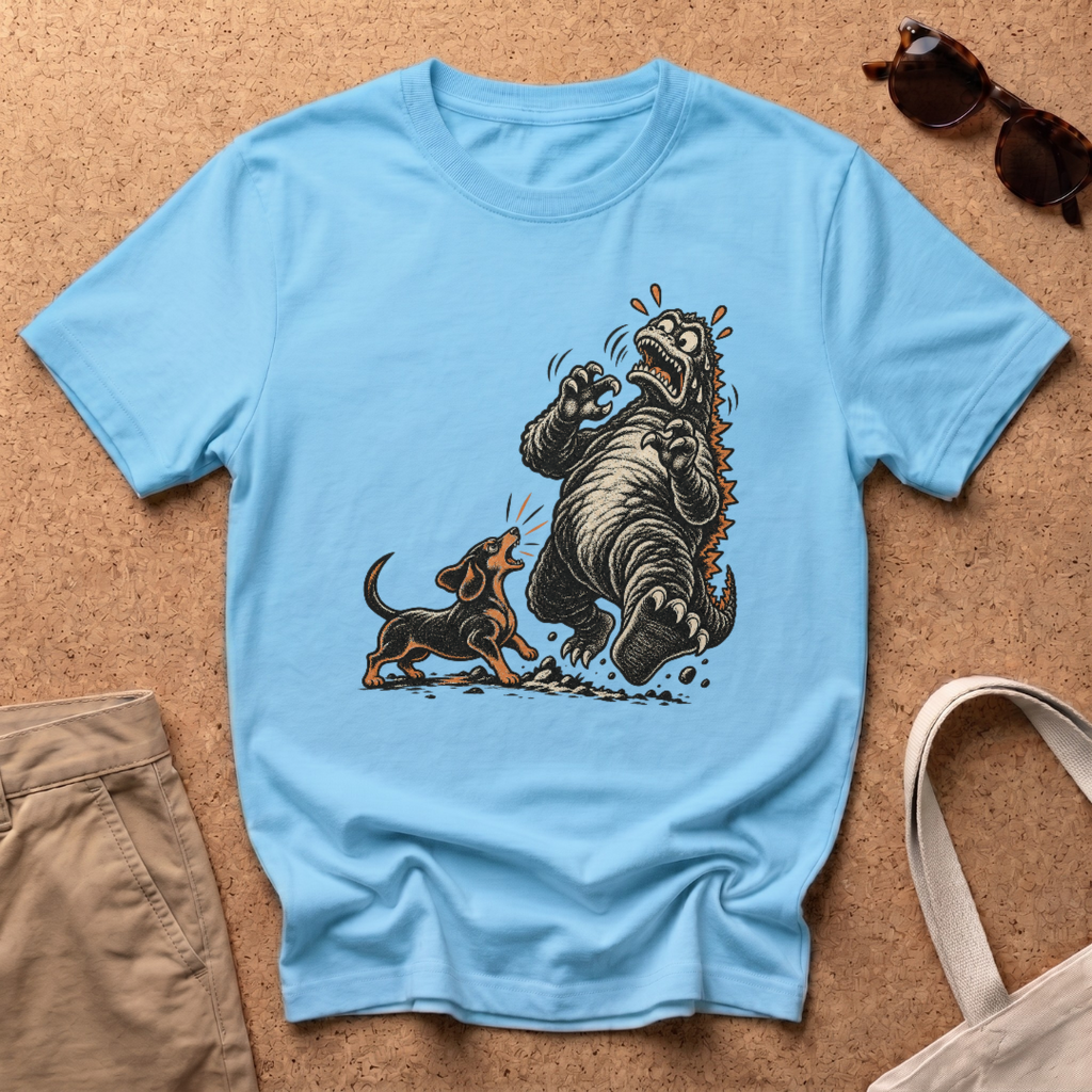 Dachshund Vs Kaiju T-Shirt - Sky